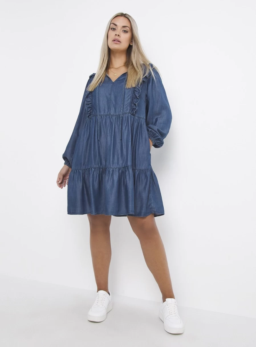 Simply Be Women's Denim Lyocell Swing Dress with Long Sleeves - Comfortable & Stylish 30 Length