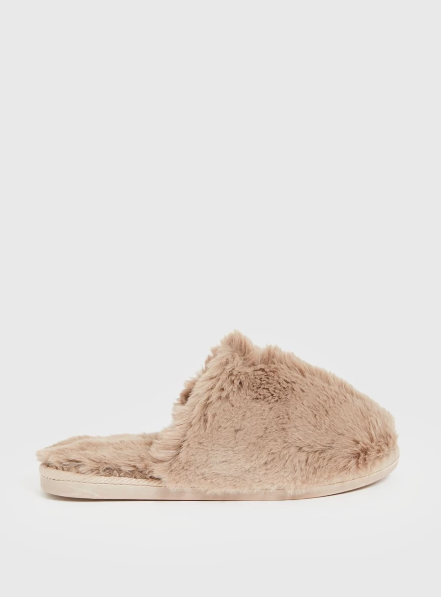 Tu Women's Brown Faux Fur Mule Slippers - Cozy Indoor Slide Shoes for Women