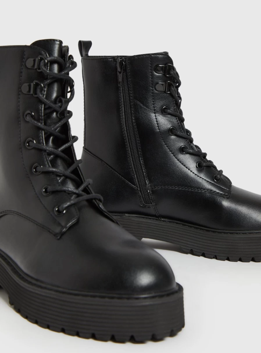 Tu Women's Black Faux Leather Lace-Up Ankle Boots Chunky Heel Fashion Boots