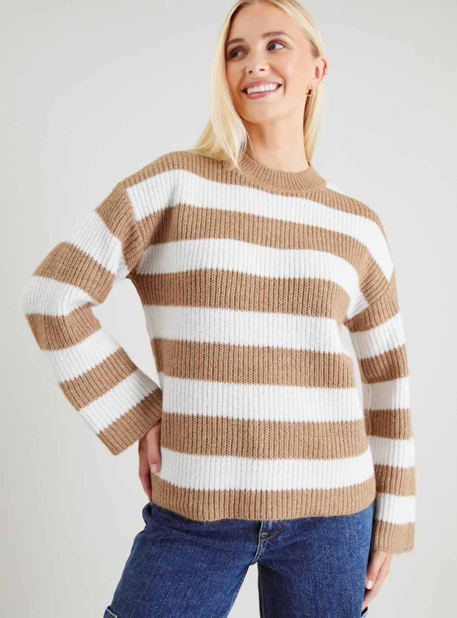 Tu Women's Camel & Cream Striped Knit Jumper - Cozy Winter Pullover Size 16