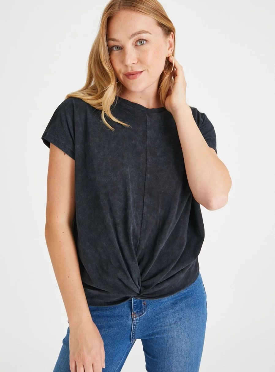 "Tu Women's Black Acid Wash Twist Front Crop Top | Stylish Distressed Vintage T-Shirt"