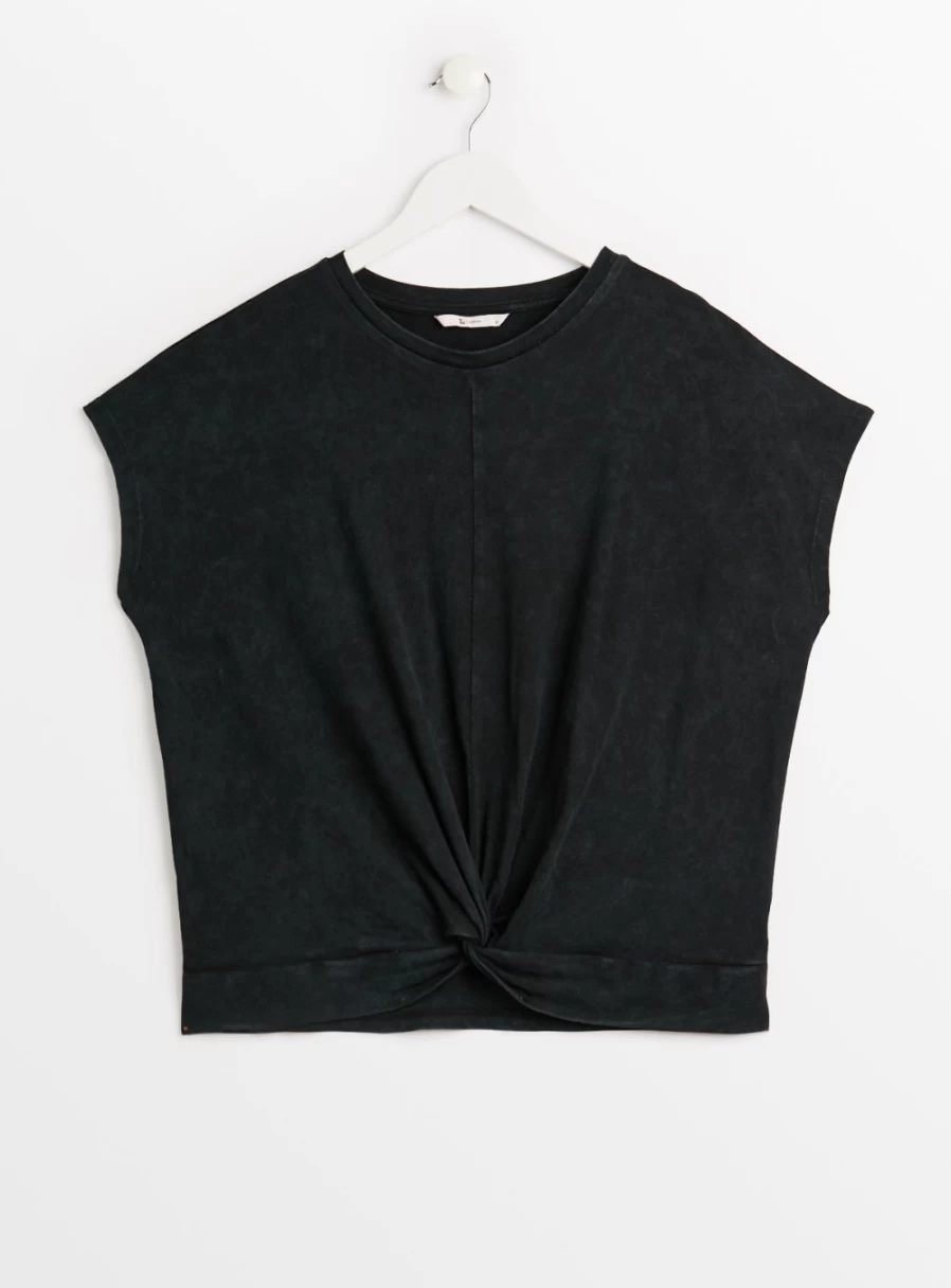 "Tu Women's Black Acid Wash Twist Front Crop Top | Stylish Distressed Vintage T-Shirt"