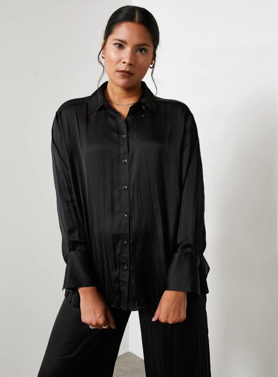 For All The Love Women's Black Crushed Satin Shirt & Shorts Co-Ord Set - Floaty 12