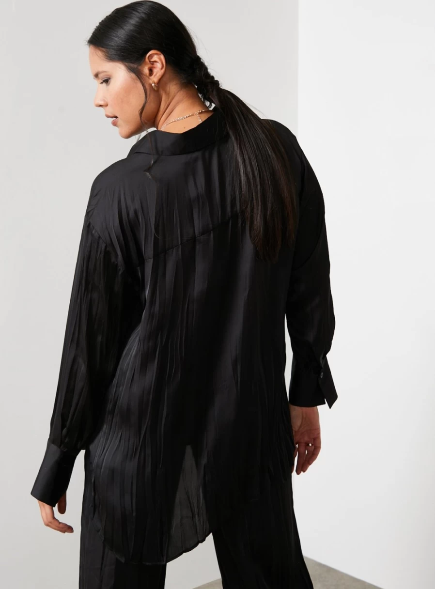 For All The Love Women's Black Crushed Satin Shirt & Shorts Co-Ord Set - Floaty 12