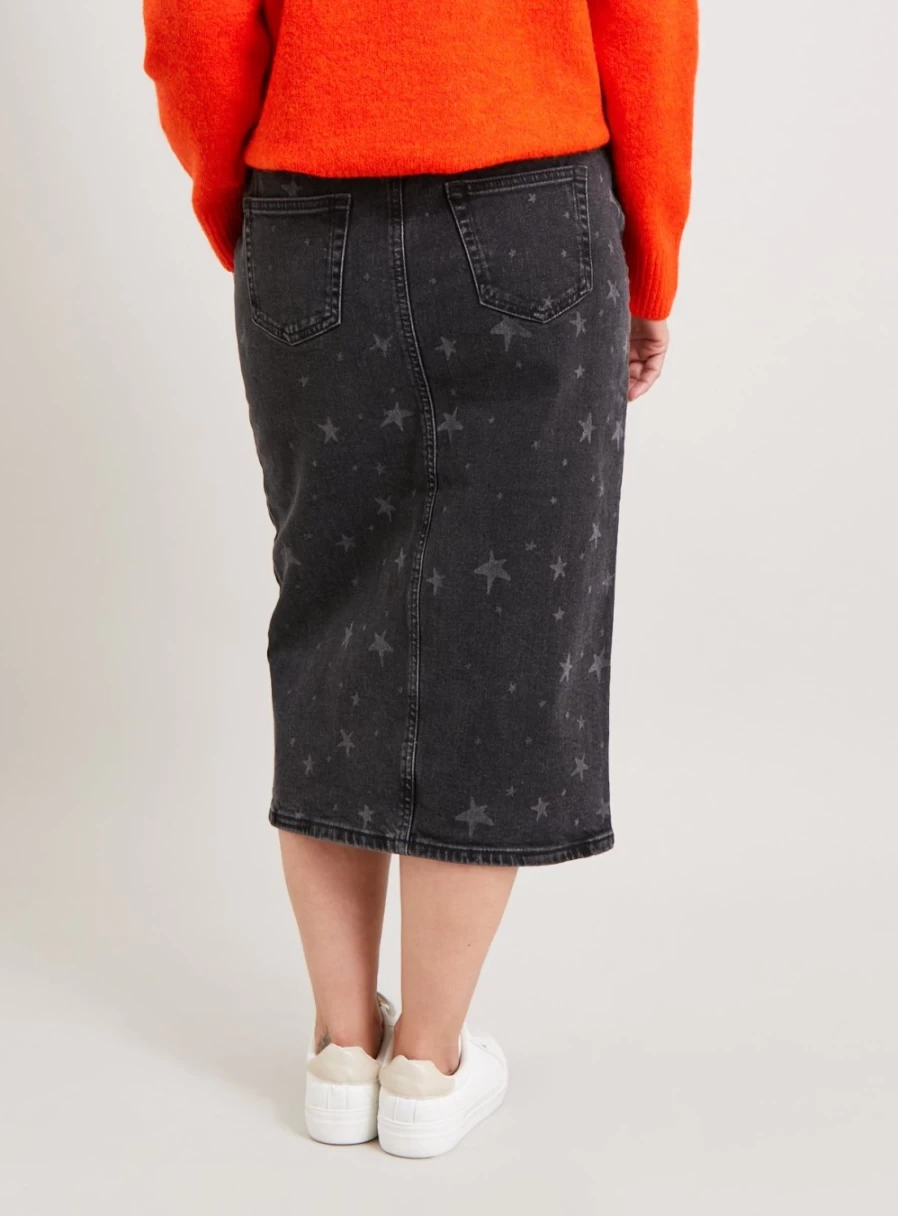 Tu Women's Charcoal Grey Star Print Denim Pencil Skirt - Size 10, High Waist Stretch Fit Vintage Style