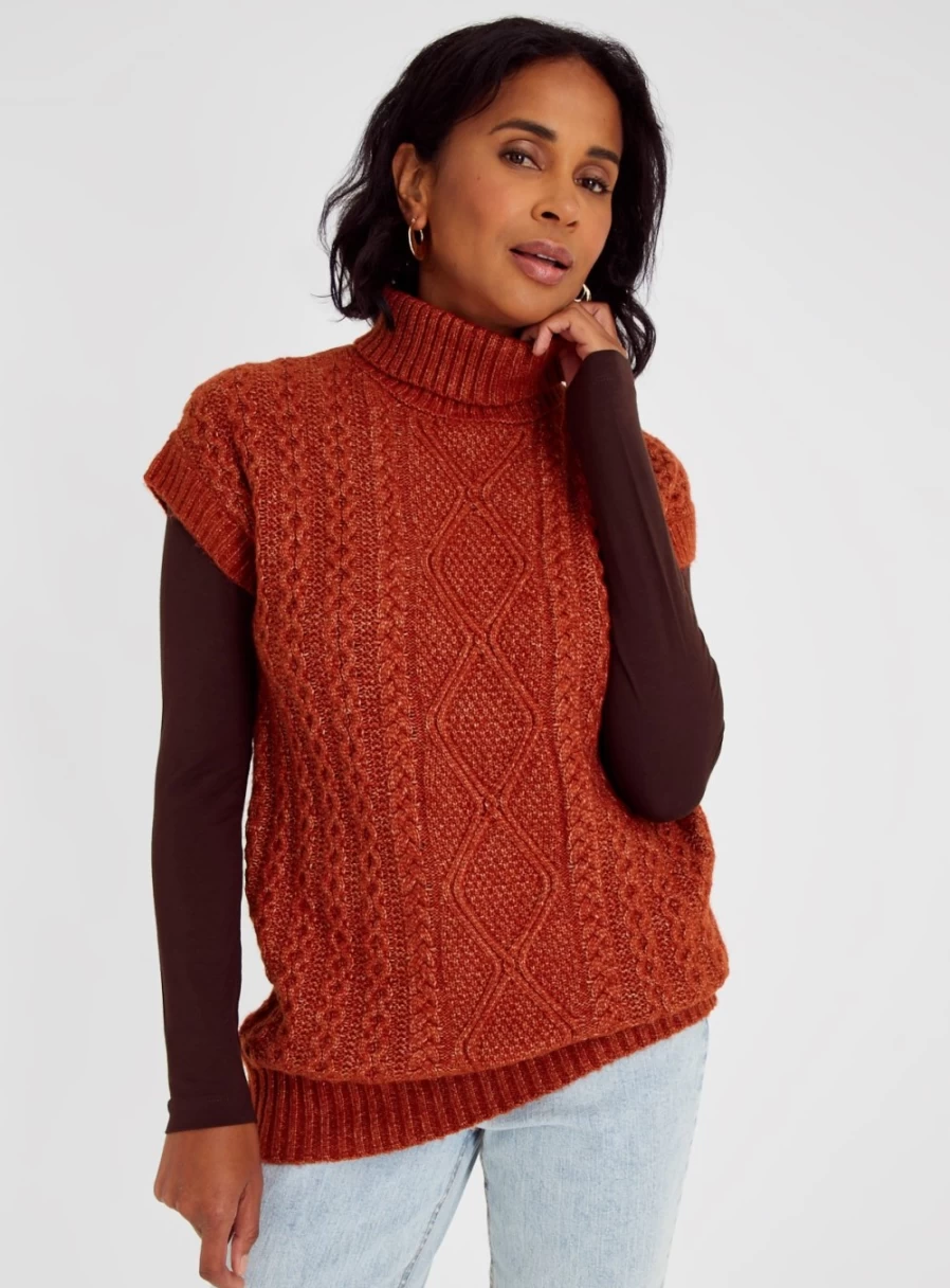 Tu Women's Rust Cable Knit Sleeveless Roll Neck Jumper - Cozy Winter Pullover
