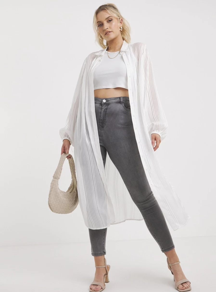 Simply Be Women's White Sheer Longline Shirt - Elegant Oversized Button-Up Top for Women
