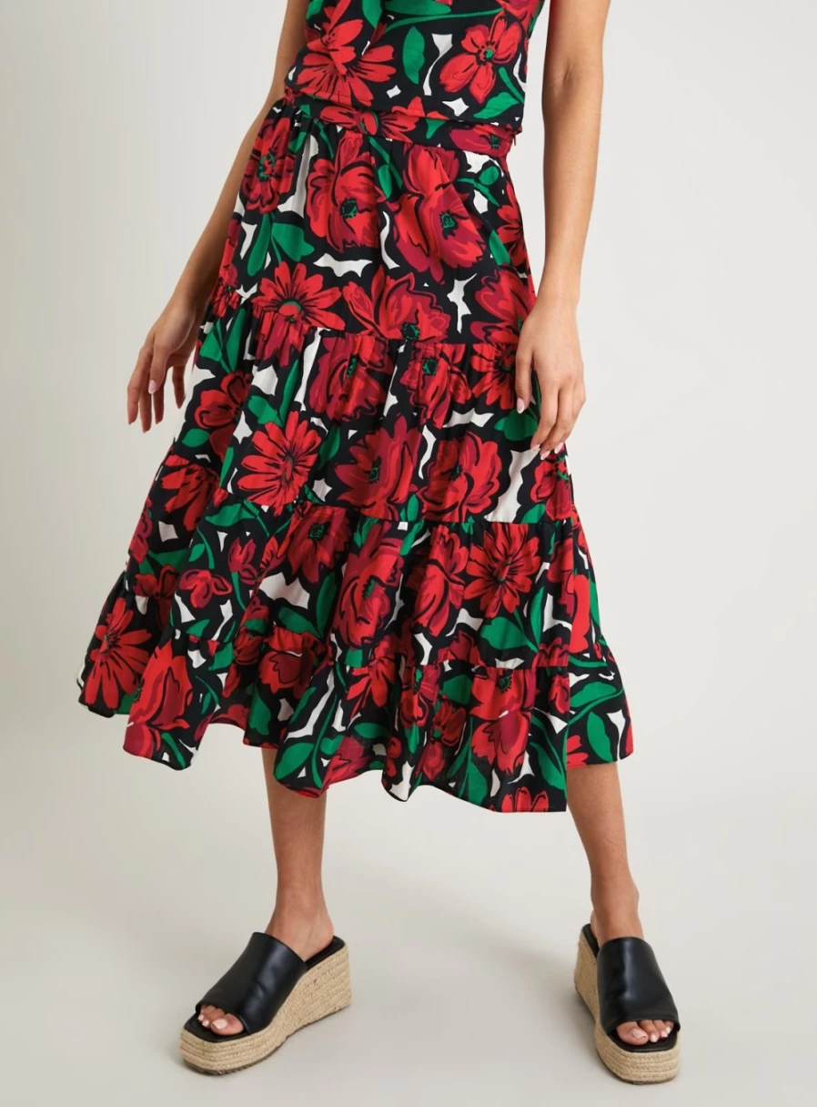 Tu Women's Red Rose Floral Tiered Skirt - Elegant High Waist A-Line Midi Skirt with Ruffle Hem