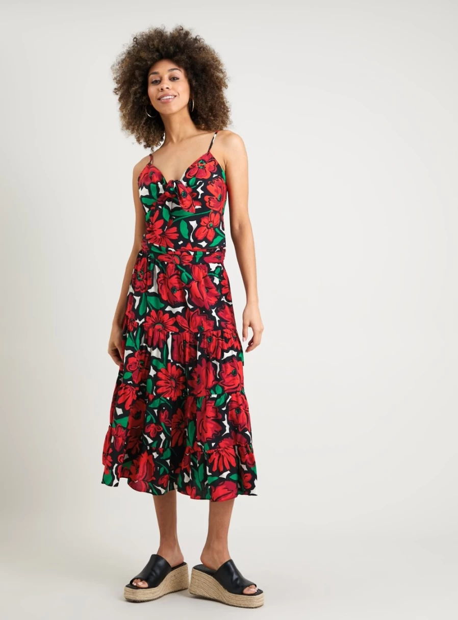 Tu Women's Red Rose Floral Tiered Skirt - Elegant High Waist A-Line Midi Skirt with Ruffle Hem