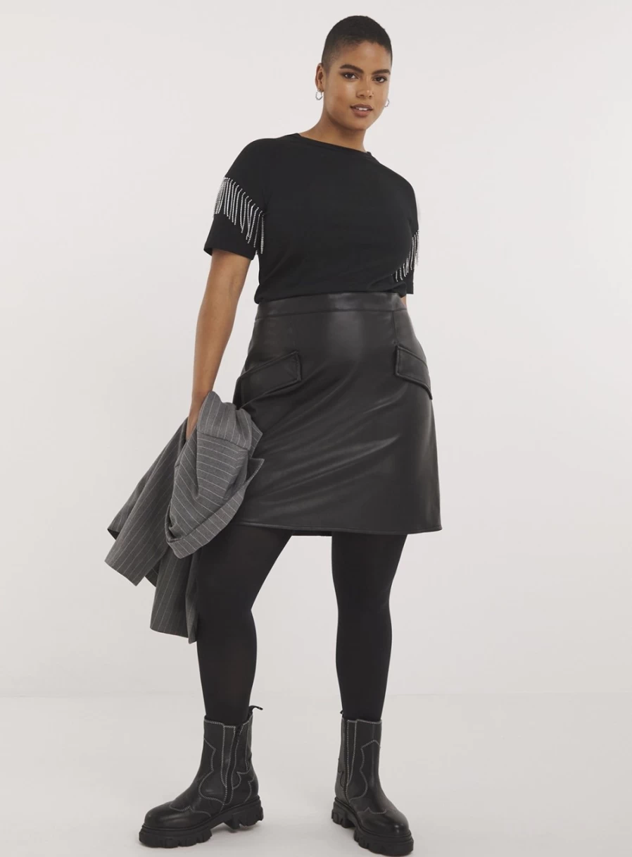 Simply Be Women's Black PU Leather Skirt with Pockets - Size 30