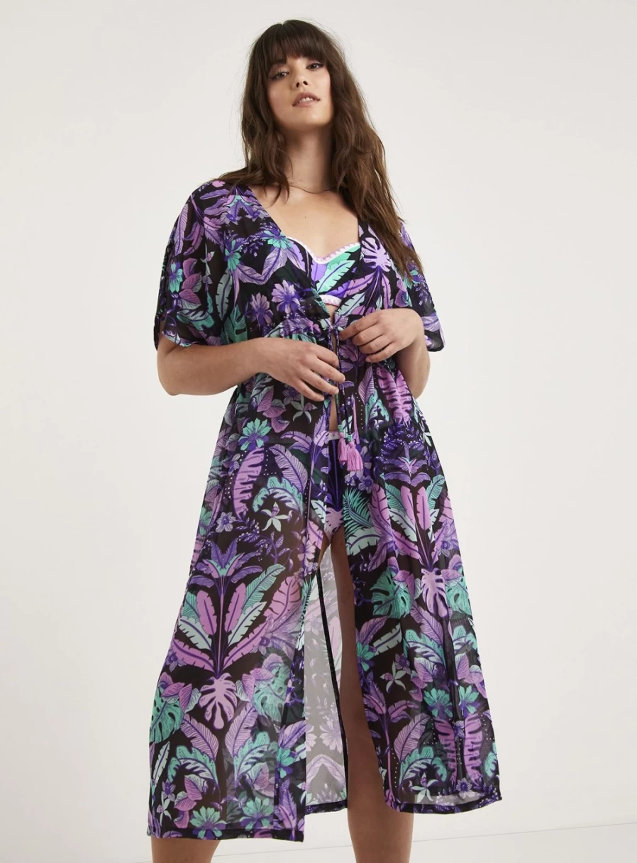 Figleaves Women's Frida Purple Floral Maxi Beach Kaftan Dress Size 24