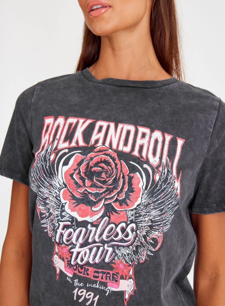 "Tu Women's Charcoal Rock & Roll Graphic T-Shirt - Stylish Vintage Band Tee"