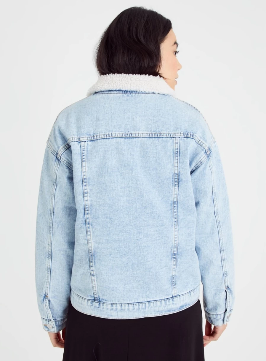 Tu Women's Light Blue Denim Jacket with Borg Collar - Stylish Casual Outerwear