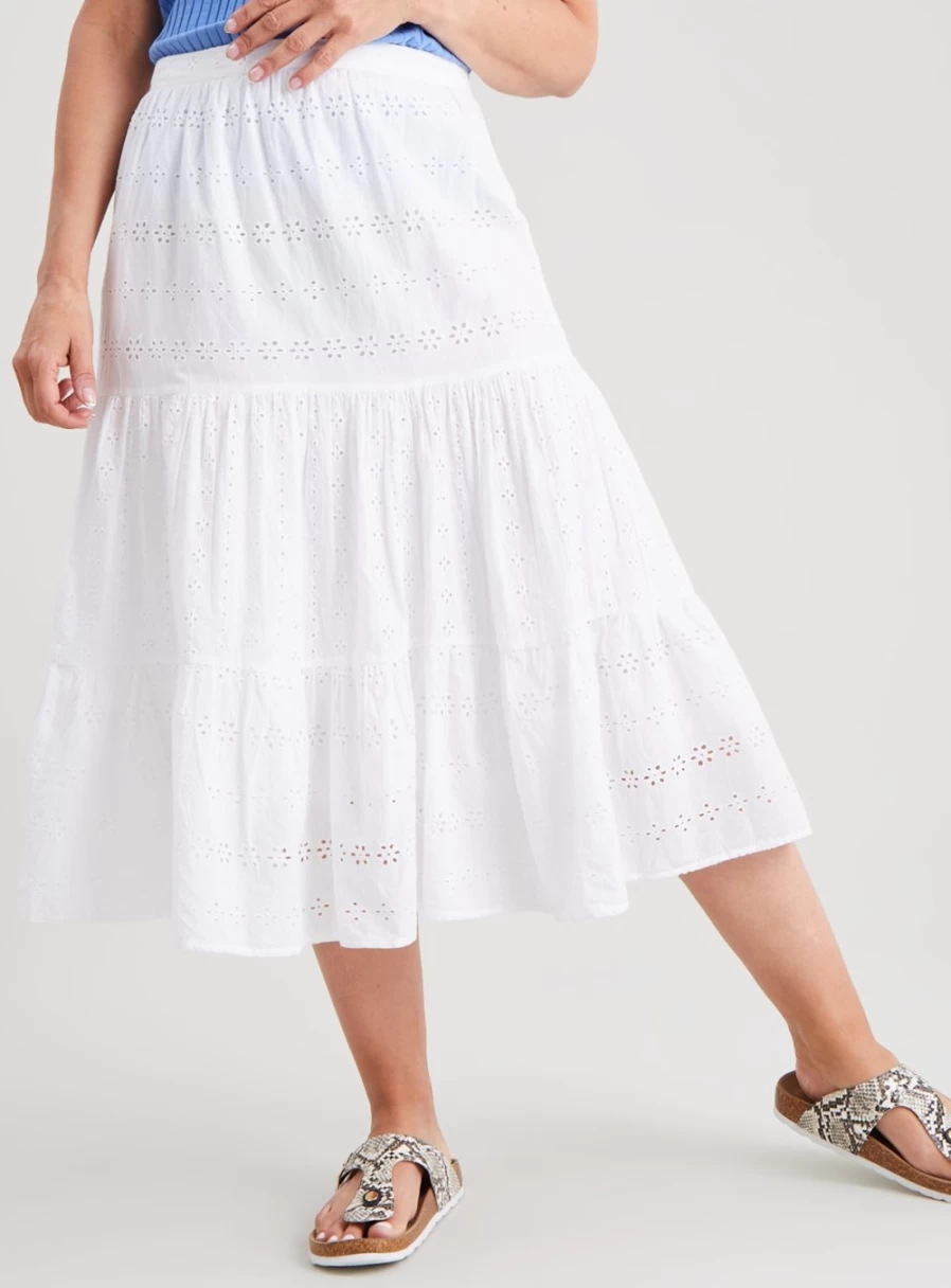 Tu Women's White Broderie Tiered Midi Skirt - Size 16, Floral Lace Summer Skirt