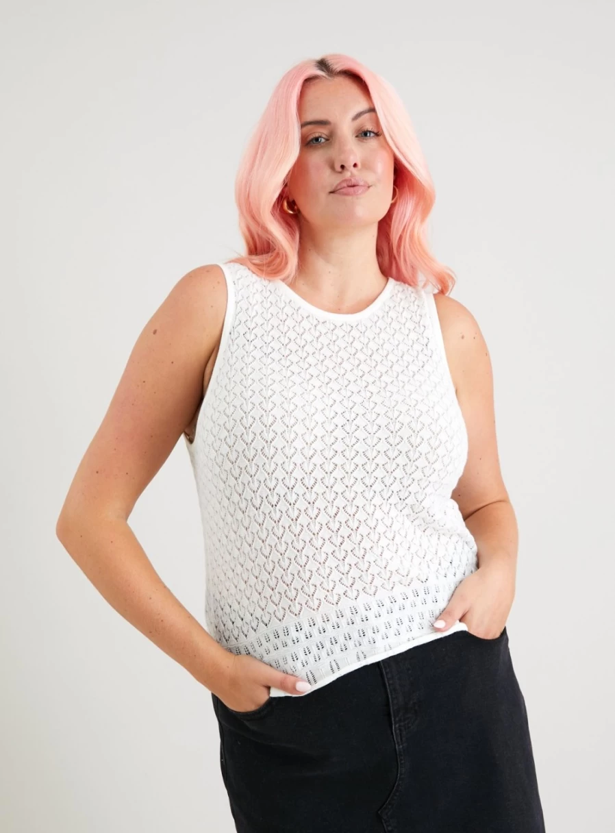 Tu Women's White Pointelle Knit Coord Top - Soft Lace Trim Casual Blouse