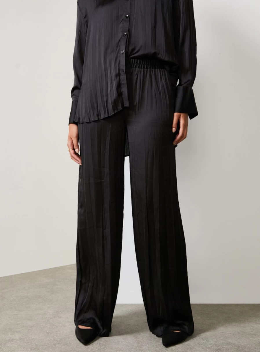 For All The Love Women's Black Crushed Satin Wide Leg Trousers - High Waist Flowy Co-Ord Set