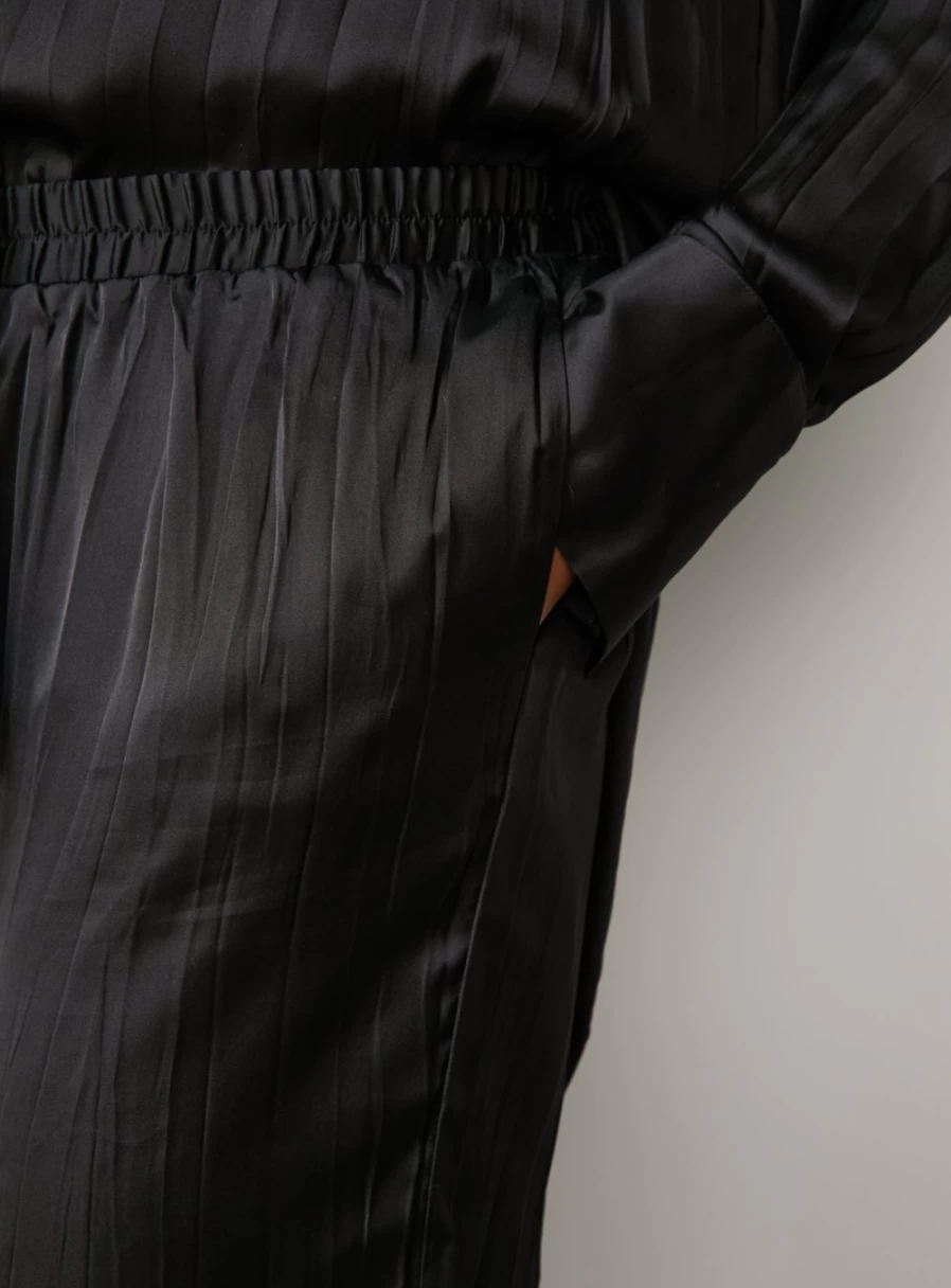 For All The Love Women's Black Crushed Satin Wide Leg Trousers - High Waist Flowy Co-Ord Set