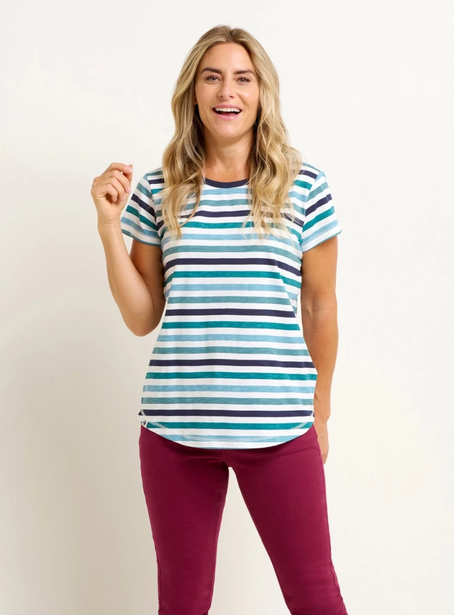 Brakeburn Women's Multi Stripe Short Sleeve Tee - Stylish 16 Color Block T-Shirt