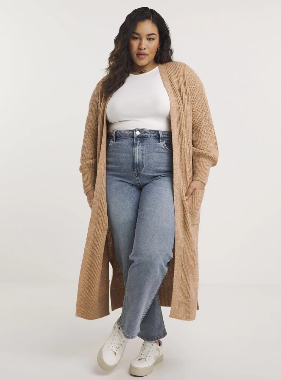 Simply Be Women's Camel Fisherman Rib Longline Cardigan - Cozy Knit Sweater, Size 32-34