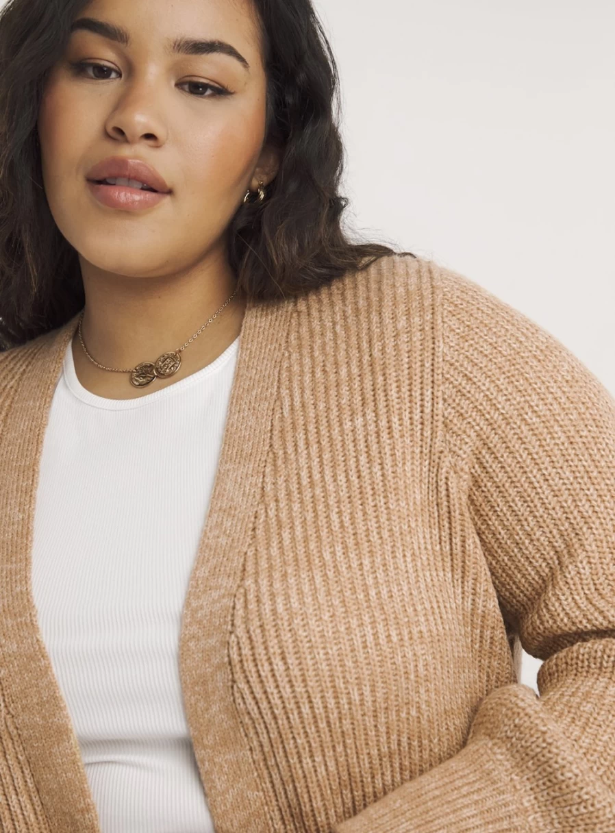Simply Be Women's Camel Fisherman Rib Longline Cardigan - Cozy Knit Sweater, Size 32-34