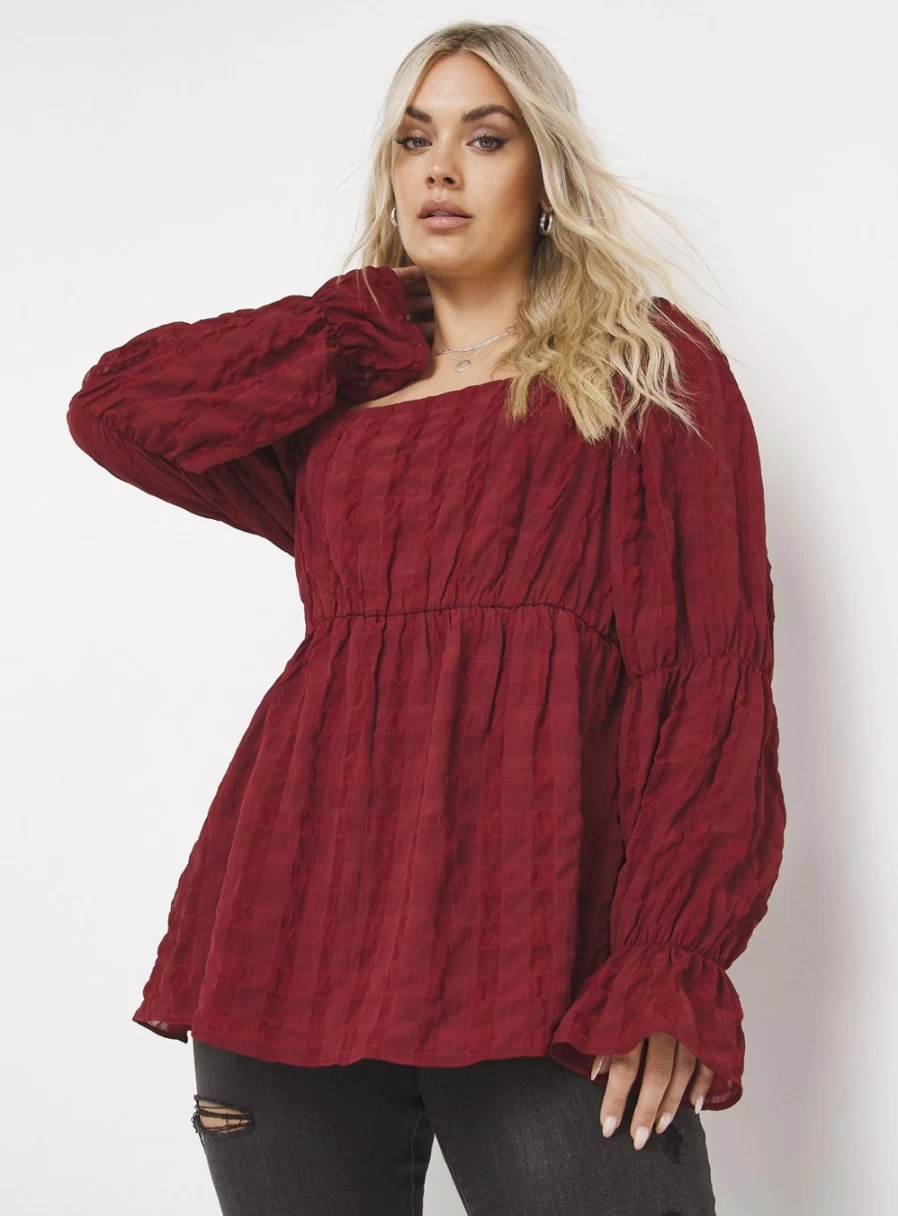 Simply Be Women's Red Blouse with Square Neck & Puff Sleeve Detail - Size 28