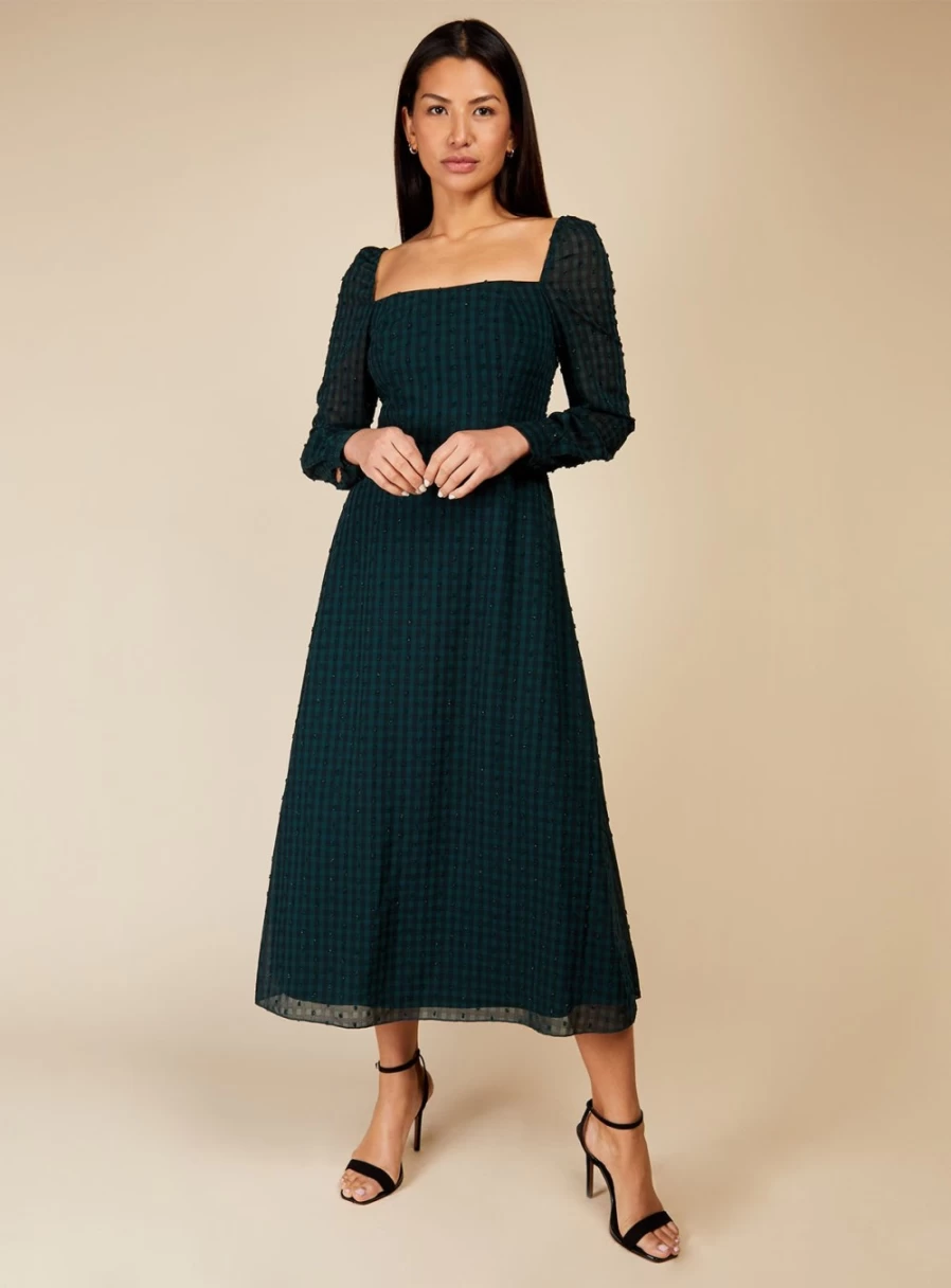 Little Mistress Women's Green Gingham Midi Dress - Stylish 12 Collection