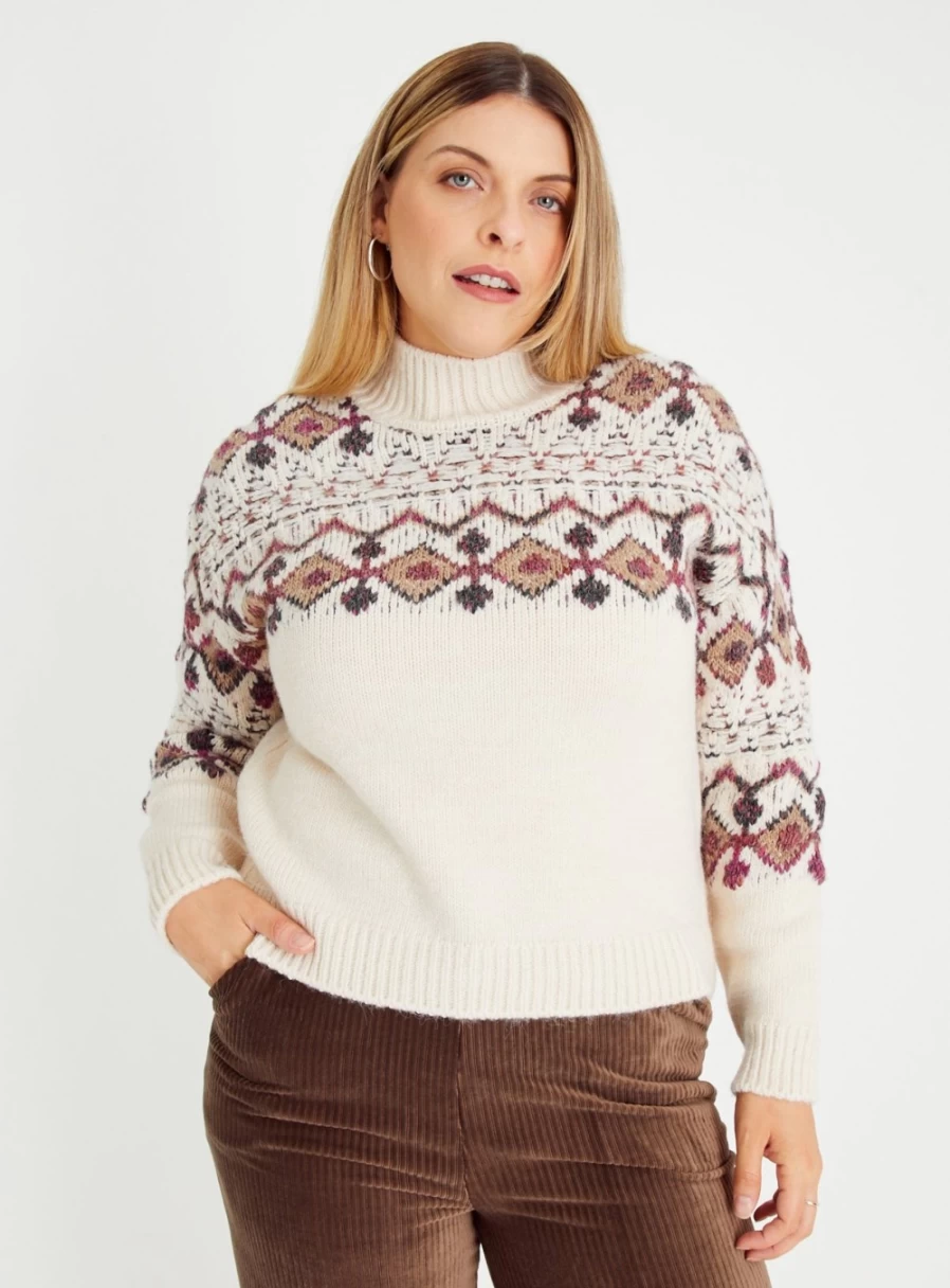 Tu Women's Wool-Blend Cream Jacquard Yoke Knit Jumper Sweater