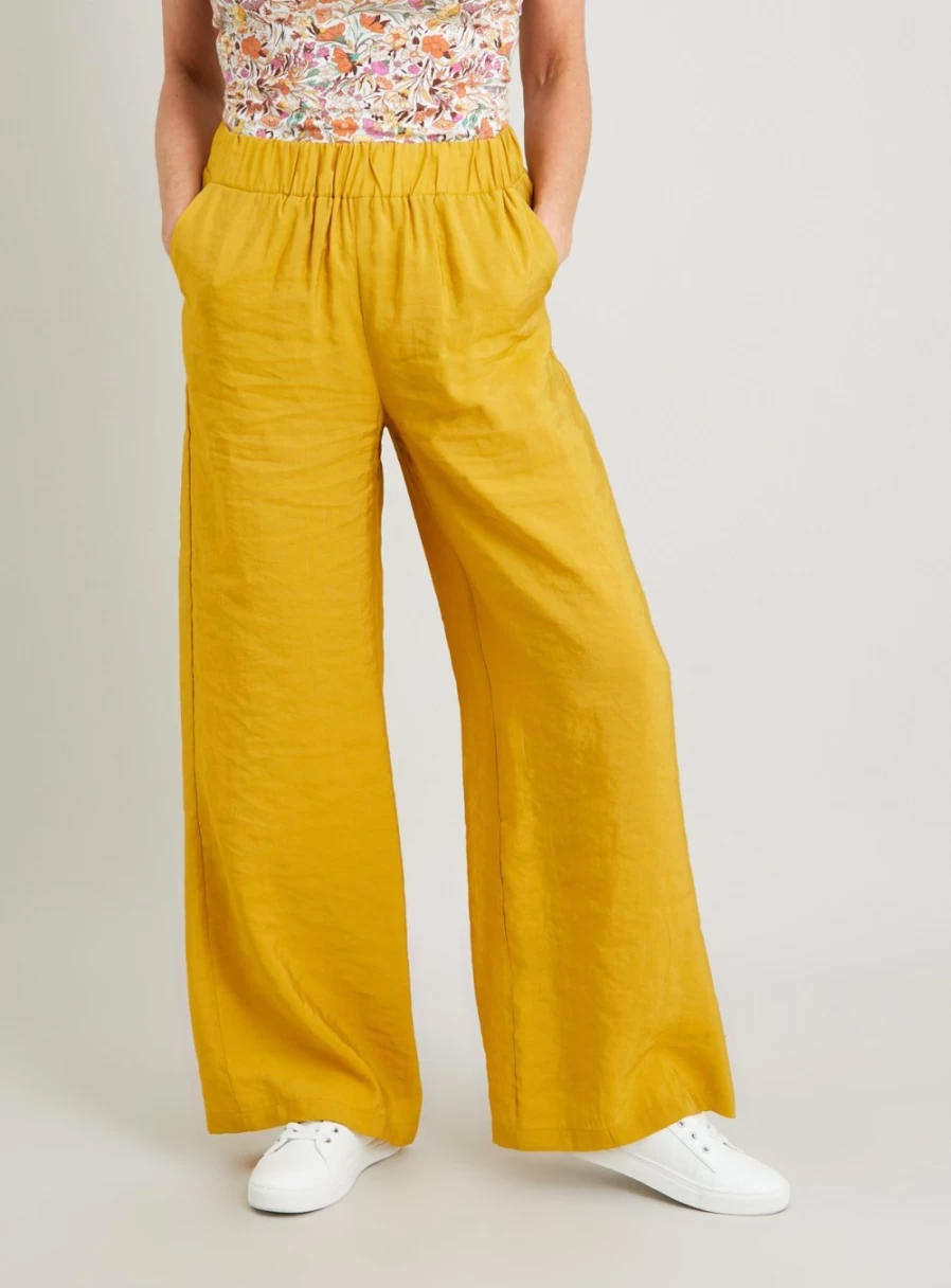 "Tu Women's Mustard Wide Leg Crinkled Trousers - Tencel Modal Comfort - 10S Style"