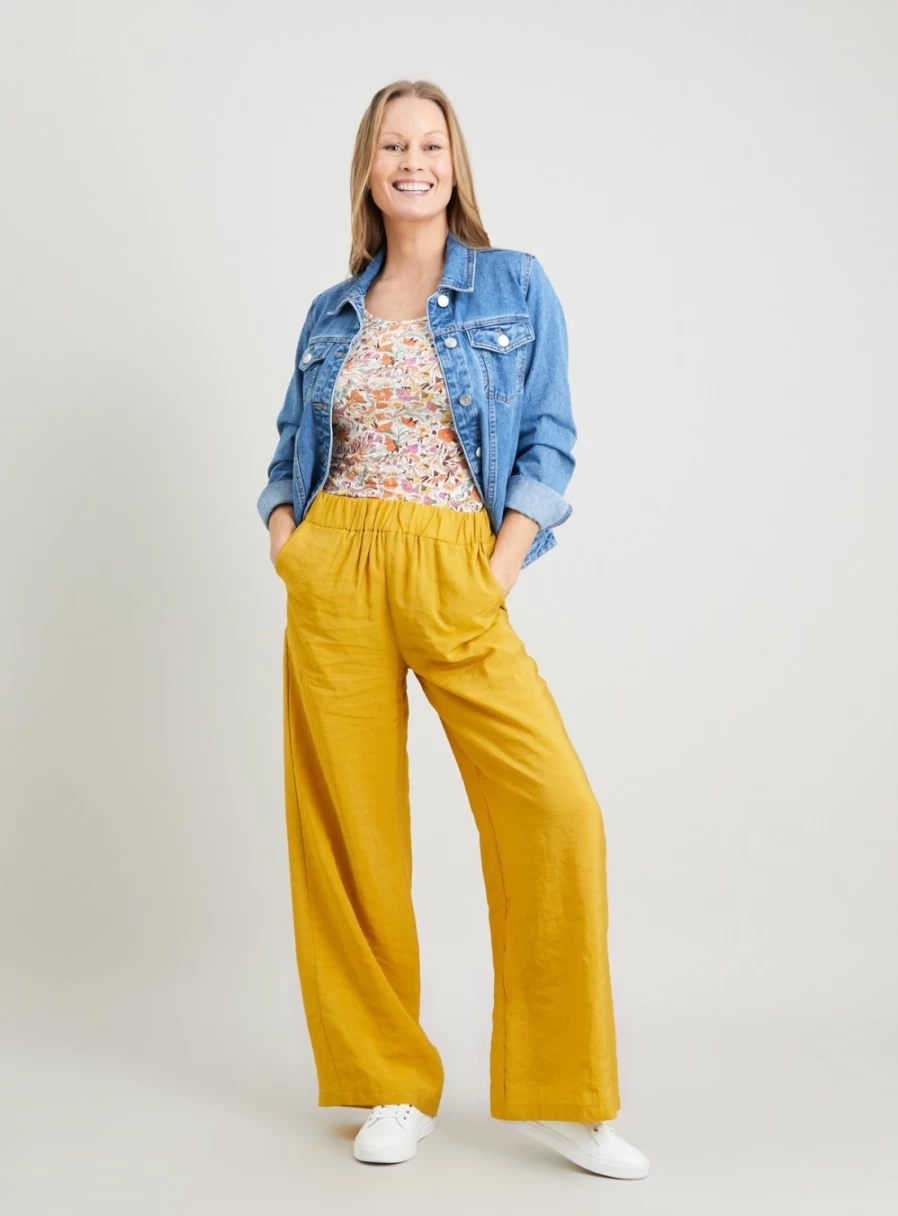 "Tu Women's Mustard Wide Leg Crinkled Trousers - Tencel Modal Comfort - 10S Style"