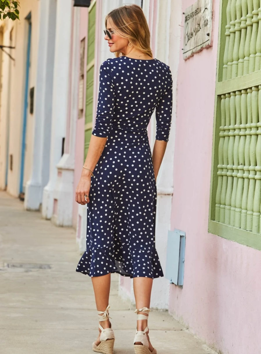 Sosandar Women's Navy Polka Dot Jersey Midi Dress - Size 8, Floral Print Casual Summer Dress