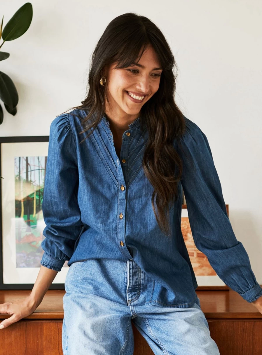 Thought Women's Asterope Organic Cotton Chambray Blouse with Frill Detail - Size 16