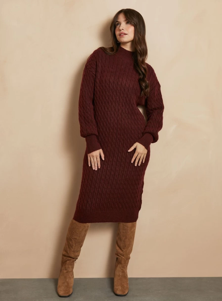 Everbelle Women's Burgundy Cable Knit Sweater Dress Medium - Cozy Winter Pullover Tunic