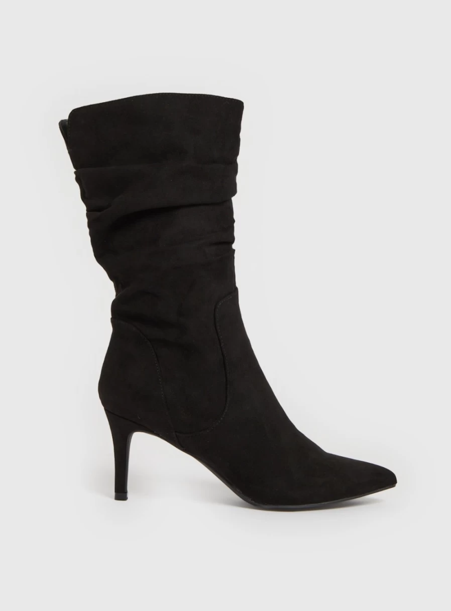Tu Women's Black Faux Suede Ruched Stiletto Boots with Pointed Toe and Heel