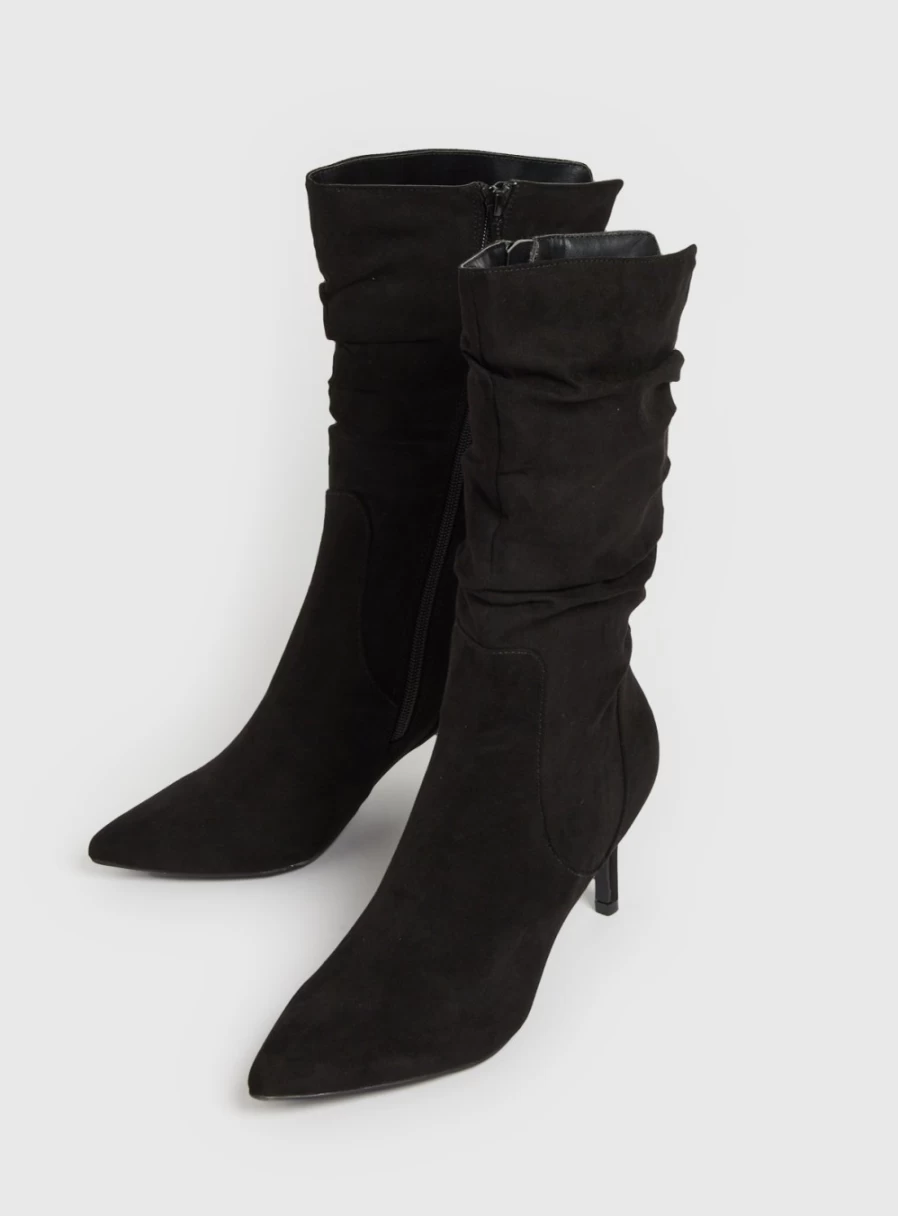 Tu Women's Black Faux Suede Ruched Stiletto Boots with Pointed Toe and Heel