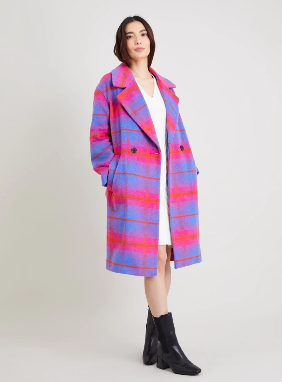 Tu Women's Bright Check Wool Longline Coat - Stylish Winter Outerwear