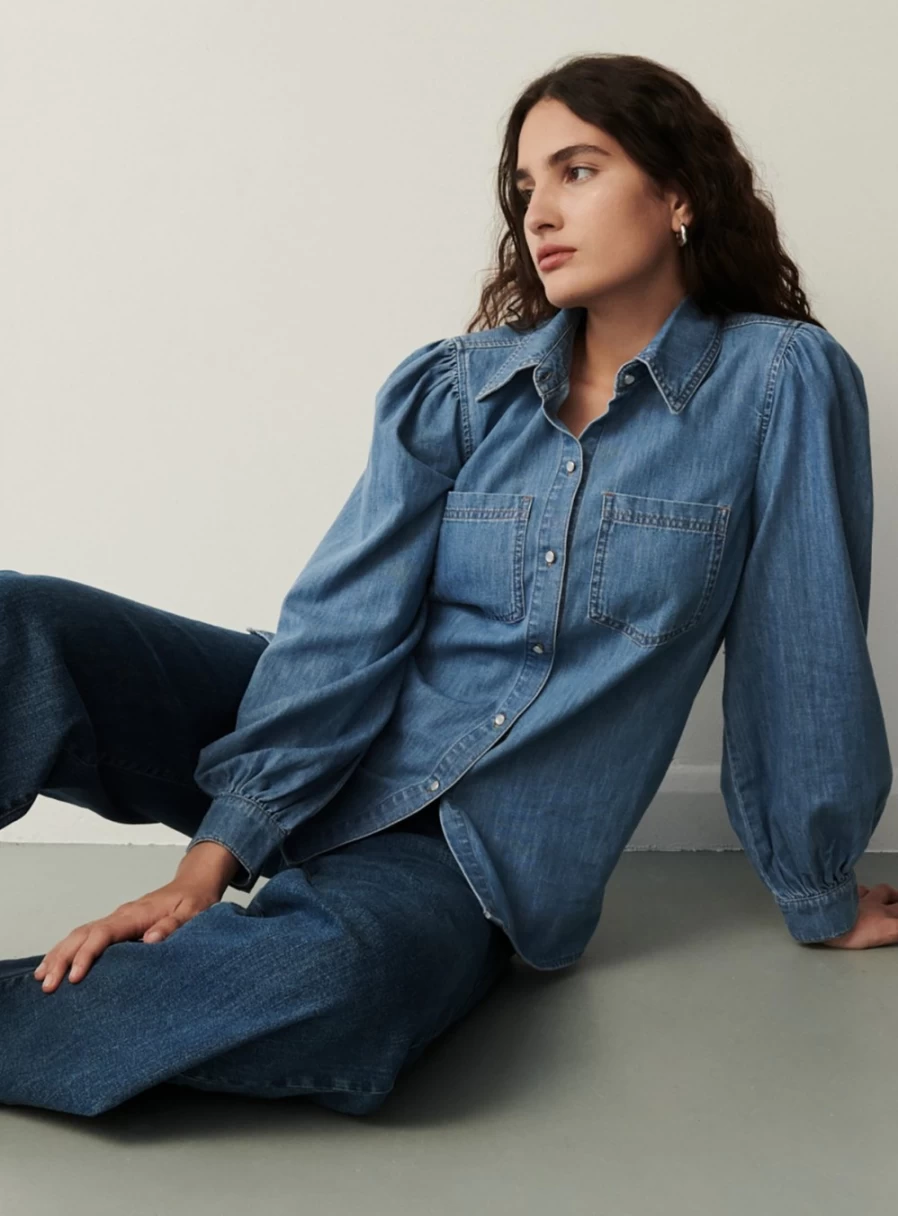 Finery Women's Lizzy Chambray Shirt - Classic Blue Denim Style Size 12