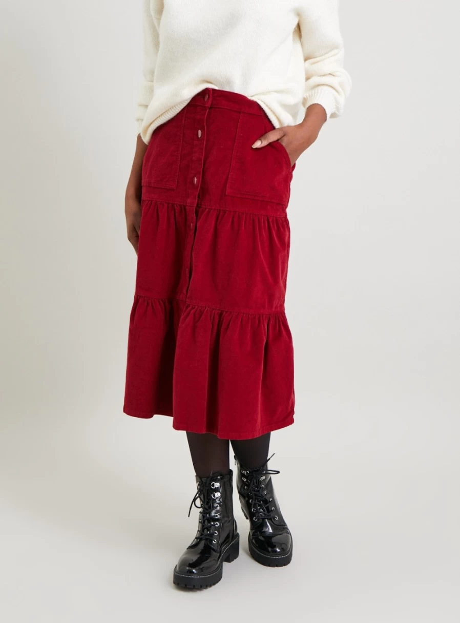 "Tu Women's Berry Red Tiered Corduroy Skirt - Size 14 | Stylish Corduroy Skirt for Women"