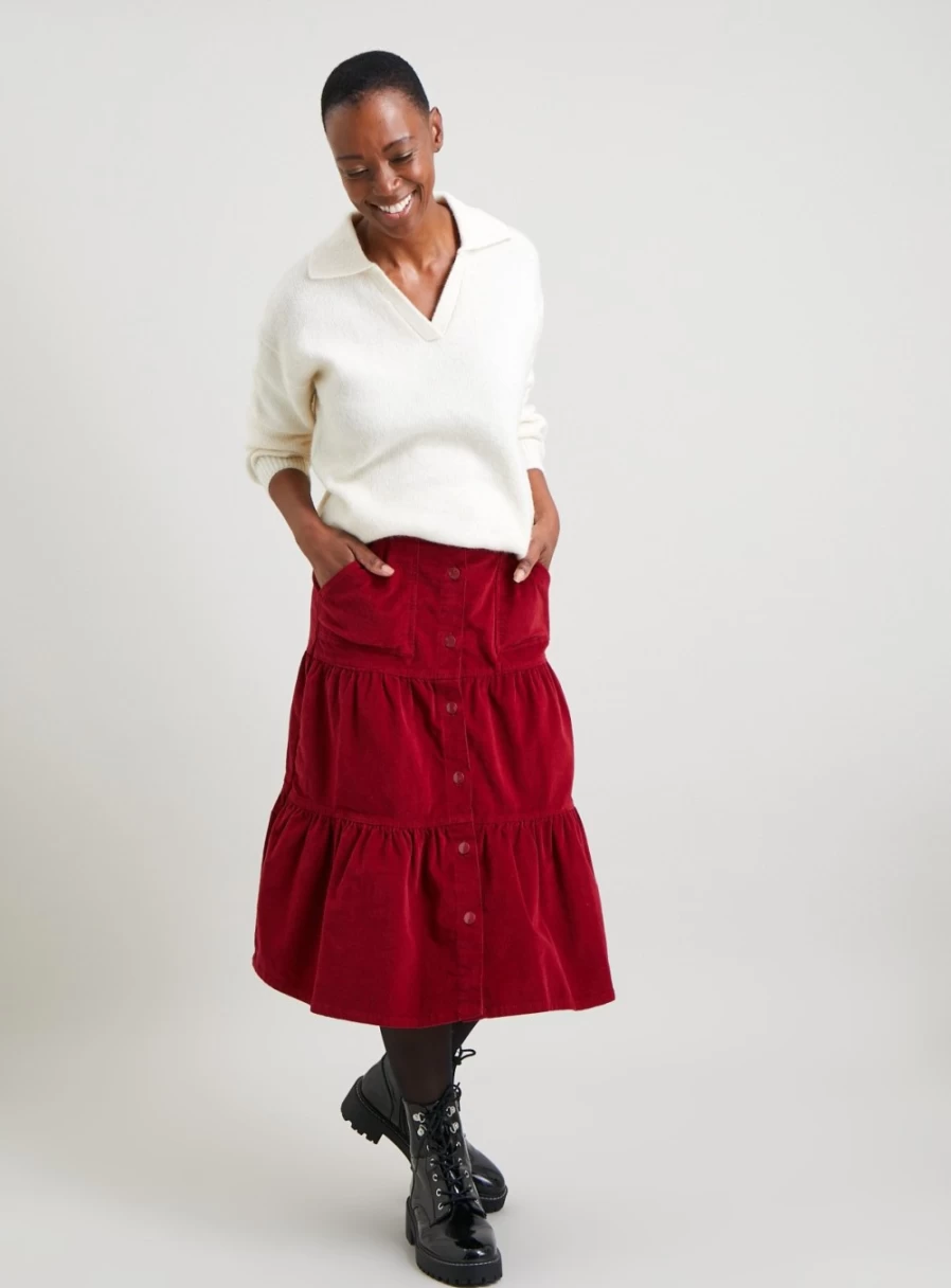 "Tu Women's Berry Red Tiered Corduroy Skirt - Size 14 | Stylish Corduroy Skirt for Women"