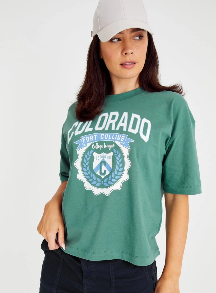 Tu Women's Green Colorado Oversized T-Shirt - Casual Comfort Fit Top
