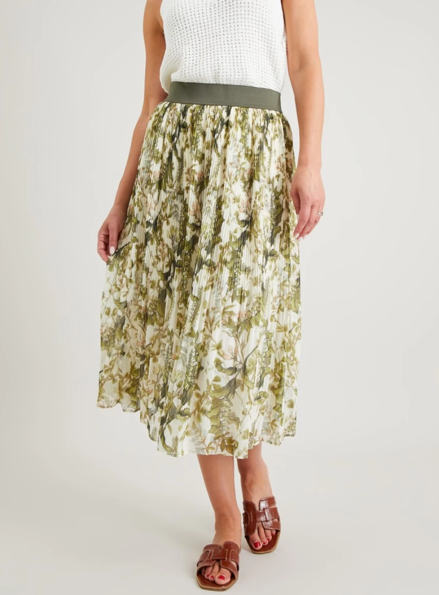 Tu Women's White & Green Floral Pleated Chiffon Midi Skirt - Elegant Spring Summer Flowy Layered Ruffle Skirt