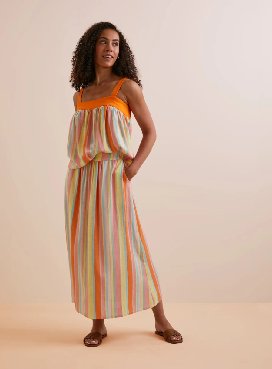 Tu Women's Candy Stripe Maxi Skirt - Floral Print High Waist Long Skirt with Side Slit, Summer Beach Boho Style