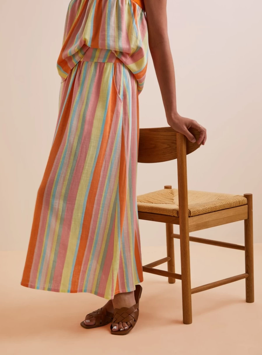 Tu Women's Candy Stripe Maxi Skirt - Floral Print High Waist Long Skirt with Side Slit, Summer Beach Boho Style