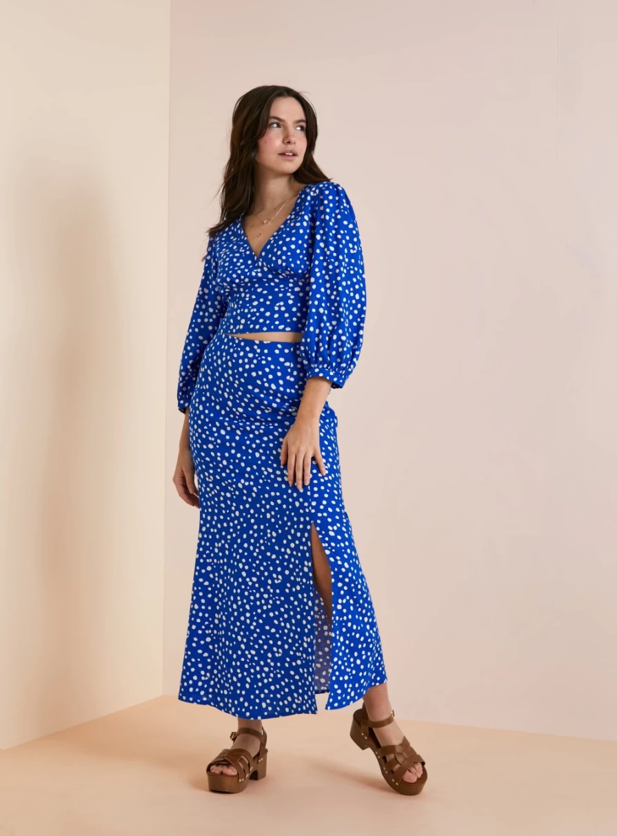 Everbelle Women's Blue Polka Dot Side Split Midaxi Skirt - Size 12, Floral Print High Waist Flowy Summer Skirt