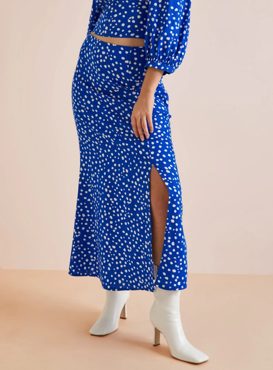 Everbelle Women's Blue Polka Dot Side Split Midaxi Skirt - Size 12, Floral Print High Waist Flowy Summer Skirt