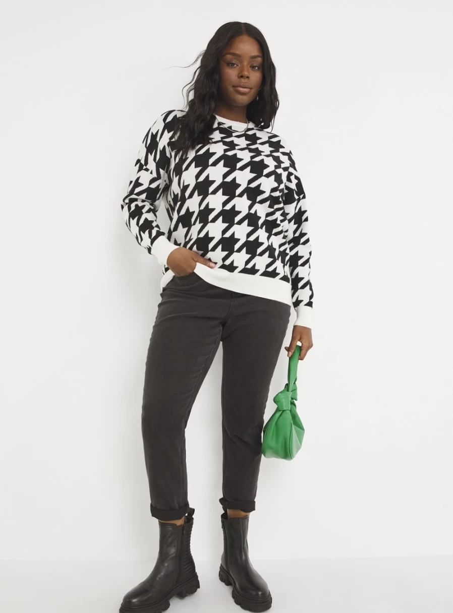 Simply Be Women's Mono Houndstooth Crew Neck Jumper - Size 12-14