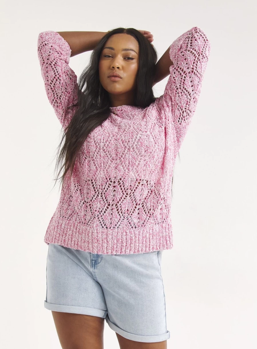 Simply Be Women's Pink Open Knit Crew Neck Jumper Size 16-18 Casual Sweater