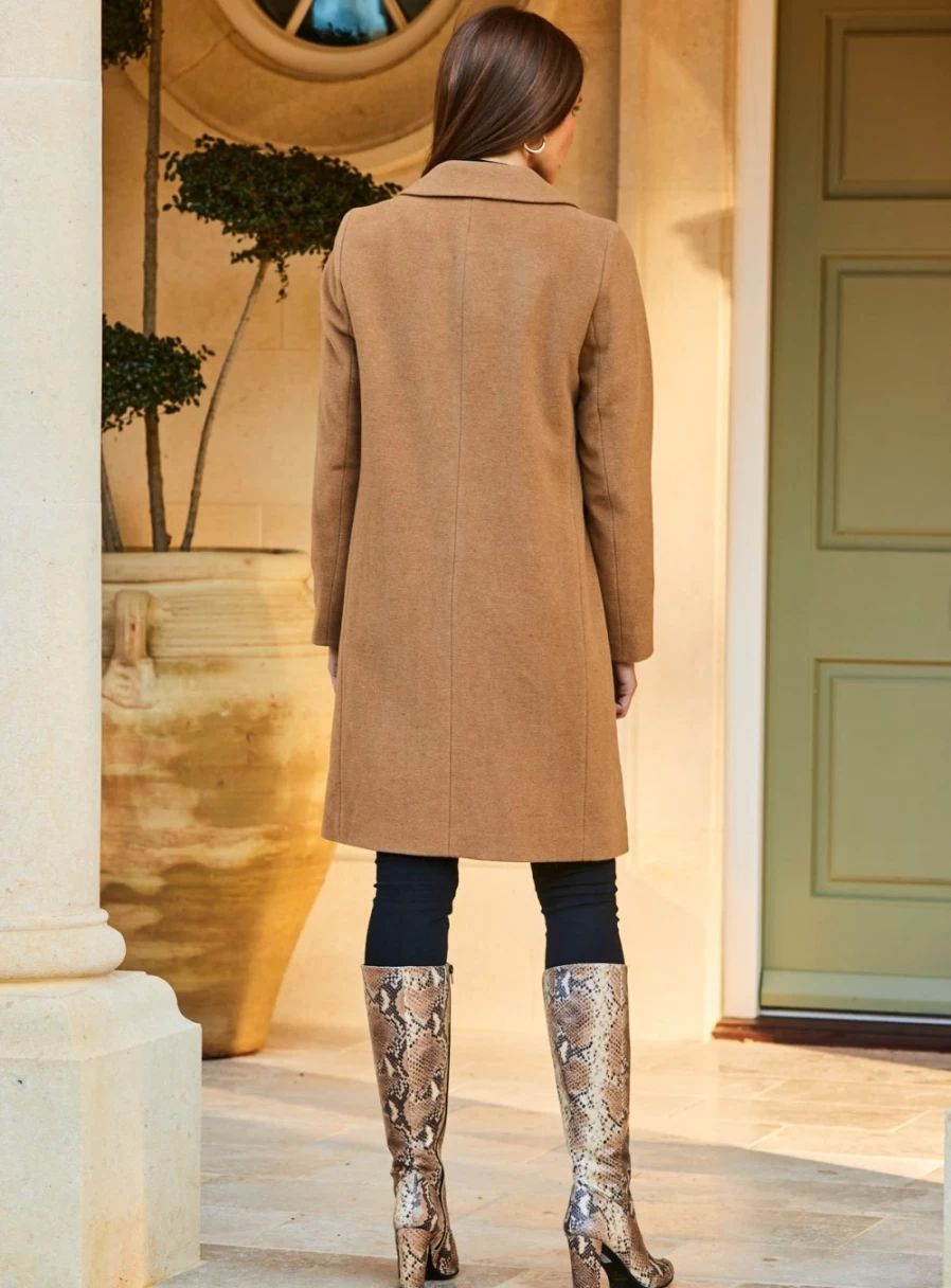 Sosandar Women's Camel Wool Blend Formal Coat - Elegant Winter Overcoat Size 10