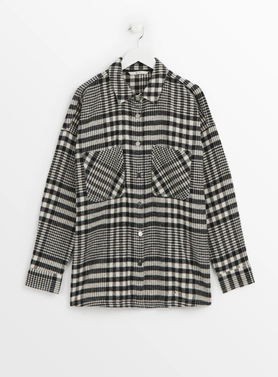 Tu Women's Mono Dogtooth Print Overshirt - Stylish Checkered Long Sleeve Shirt Jacket