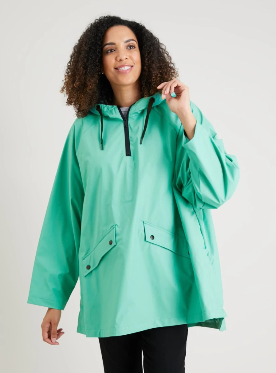 Tu Women's Green Rubber Raincoat - Waterproof Overhead Hood Rainwear - Size L