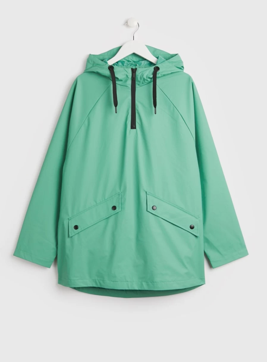 Tu Women's Green Rubber Raincoat - Waterproof Overhead Hood Rainwear - Size L